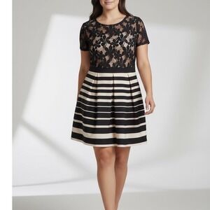 danny and nicole Womens size 14 Black Lace Stripe Pleated Fit Flare Dress